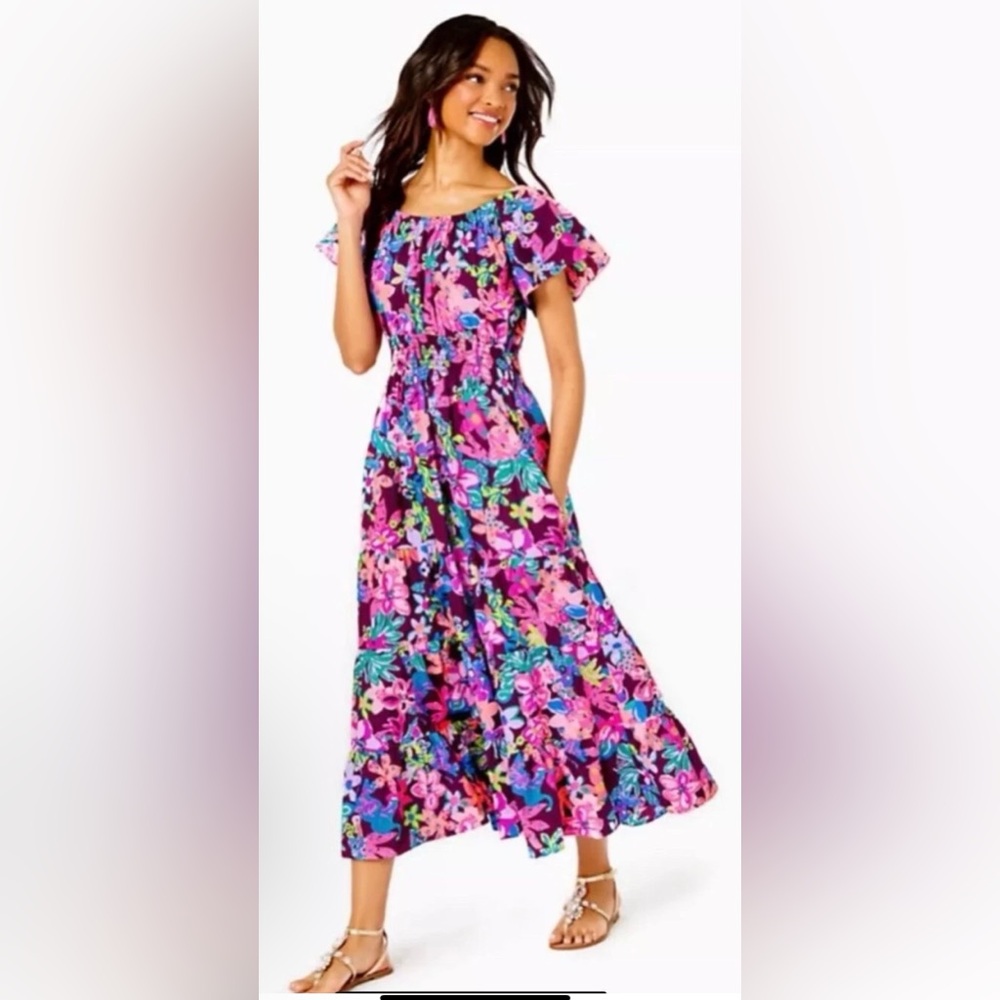 NWT Lilly Pulitzer Ellabell Short Sleeve Floral Multicolor Maxi Dress S